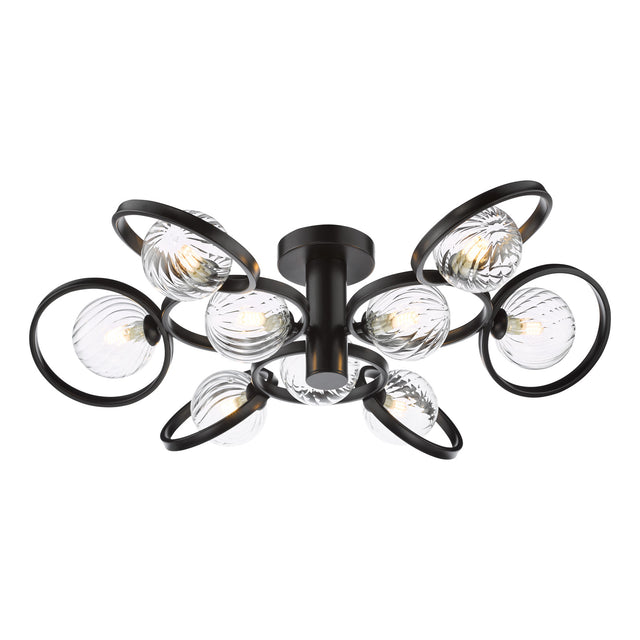 Lynette 9 Light Semi-Flush Satin Black and Twisted Glass