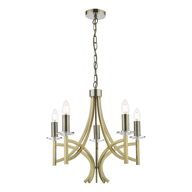 Lyon 5 Light Armed Fitting Antique Brass Crystal