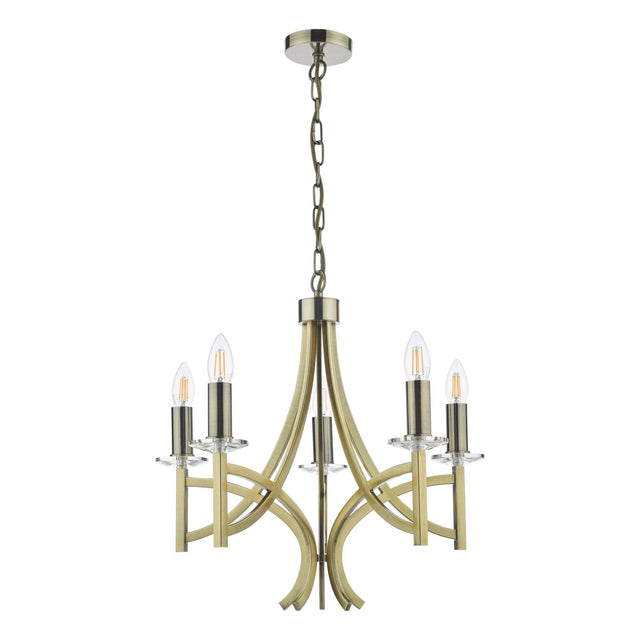 Lyon 5 Light Armed Fitting Antique Brass Crystal