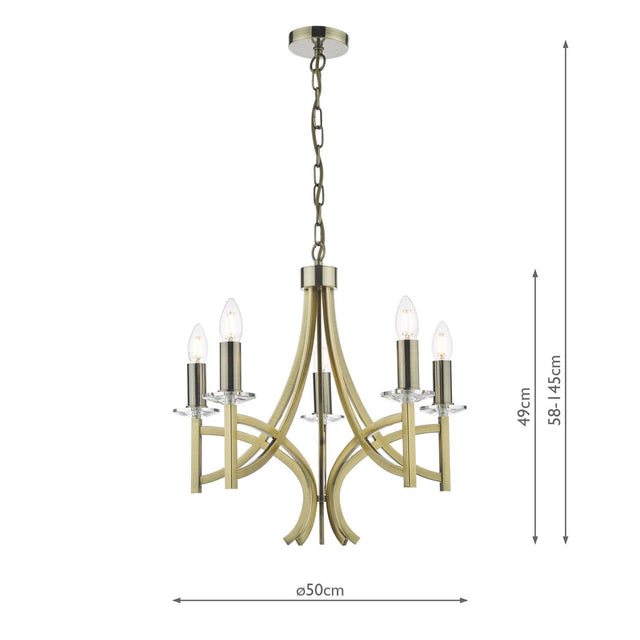 Lyon 5 Light Armed Fitting Antique Brass Crystal