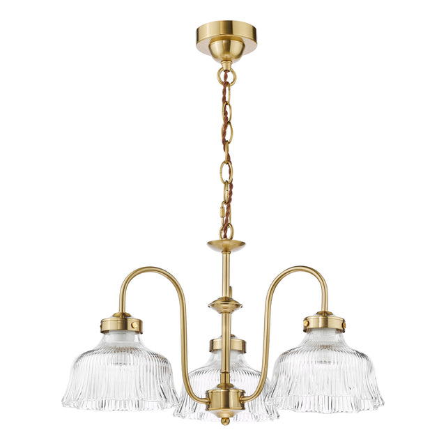 Maude 3 Light Armed Pendant Natural Brass and Ribbed Glass