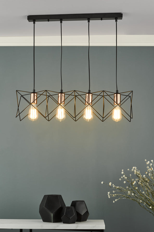 Midi 4 Light Bar Pendant Black & Copper Detail