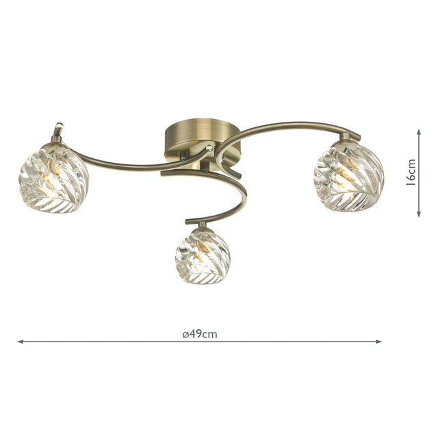 Nakita 3 Light Semi Flush Antique Brass With Twisted Open Glass