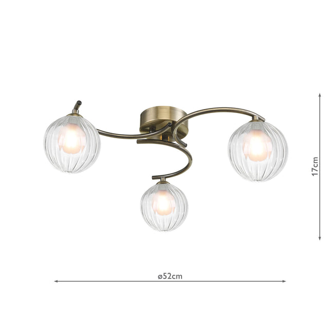 Nakita 3 Light Semi-Flush Antique Brass & Clear/Opal Glass