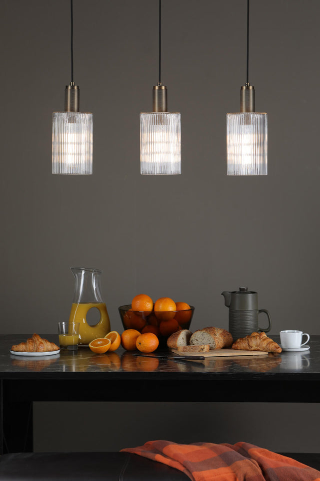 Nikolas Pendant Natural Solid Brass Ribbed Cylinder Glass