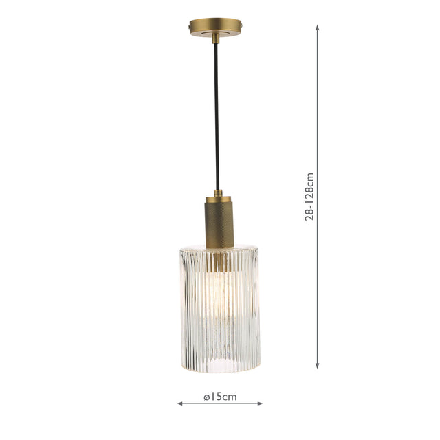 Nikolas Pendant Natural Solid Brass Ribbed Cylinder Glass