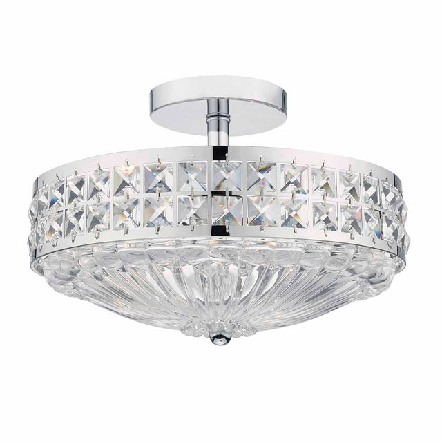 Olona 3 Light Semi Flush Polished Chrome Crystal Beads and Glass Diffuser