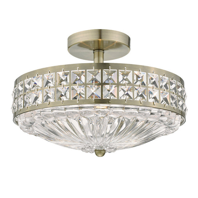 Olona 3L Light Semi Flush Antique Brass Crystal Beads and Glass Diffuser