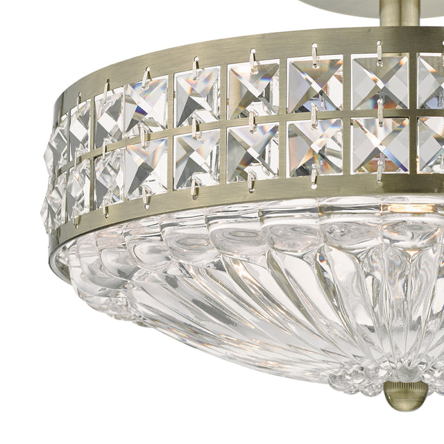 Olona 3L Light Semi Flush Antique Brass Crystal Beads and Glass Diffuser