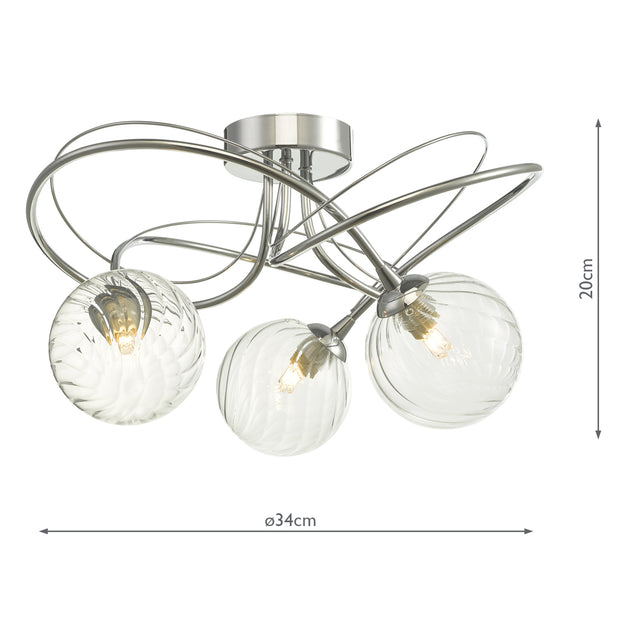 Onawa 3 Light Semi Flush Polished Chrome With Twisted Closed Glass