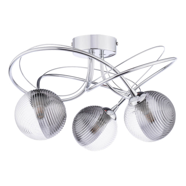 Onawa 3 Light Semi-Flush Polished Chrome & Smoked/Clear Ribbed Glass