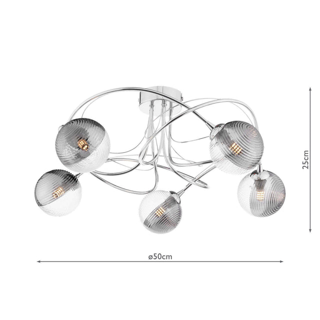 Onawa 5 Light Semi-Flush Polished Chrome & Smoked/Clear Ribbed Glass