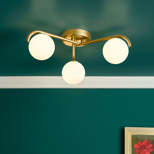 Orlena 3 Light Flush Satin Gold and Opal Glass