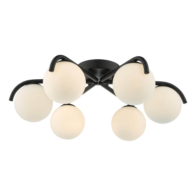 Orlena 6 Light Flush Matt Black and Opal Glass