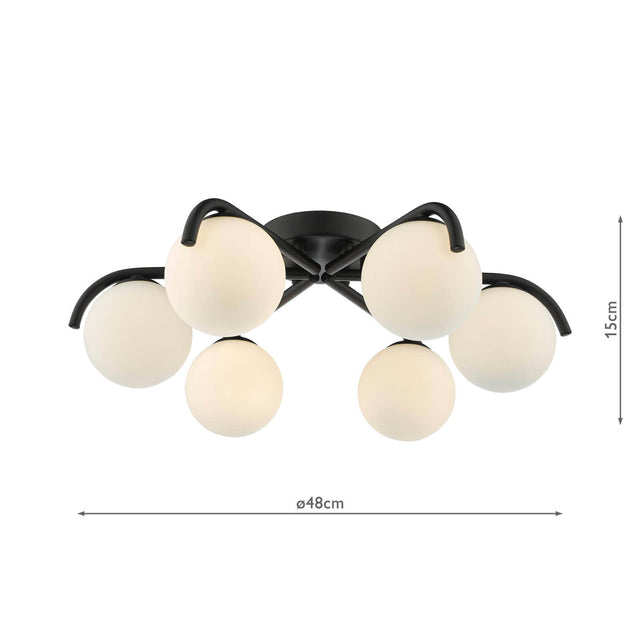 Orlena 6 Light Flush Matt Black and Opal Glass