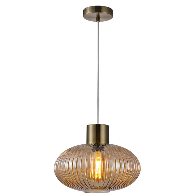 ANTIQUE BRASS with RIBBED AMBER GLASS SKYTECH PENDANT