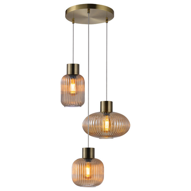 ANTIQUE BRASS with RIBBED AMBER GLASS SKYTECH PENDANT