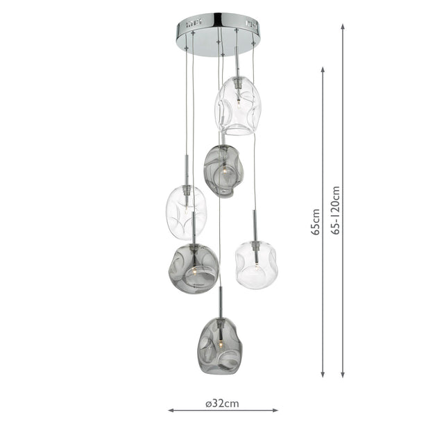 Quinn 6 Light Cluster Pendant Smoked & Clear Glass