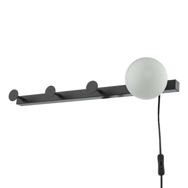 Rack Wall Light & Coat Hook Matt Black Opal Glass - Plug in