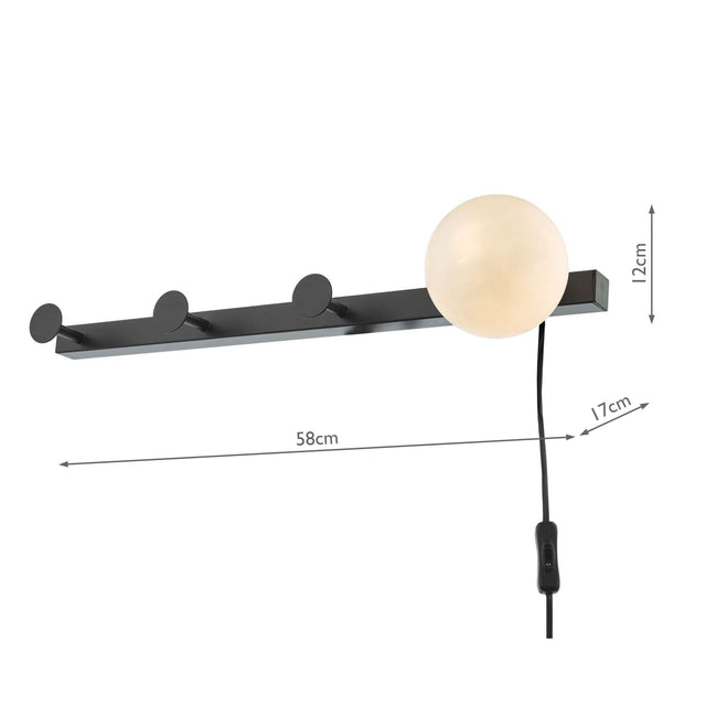 Rack Wall Light & Coat Hook Matt Black Opal Glass - Plug in