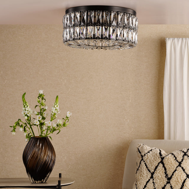 Relena 4 Light Flush Matt Black and Crystal