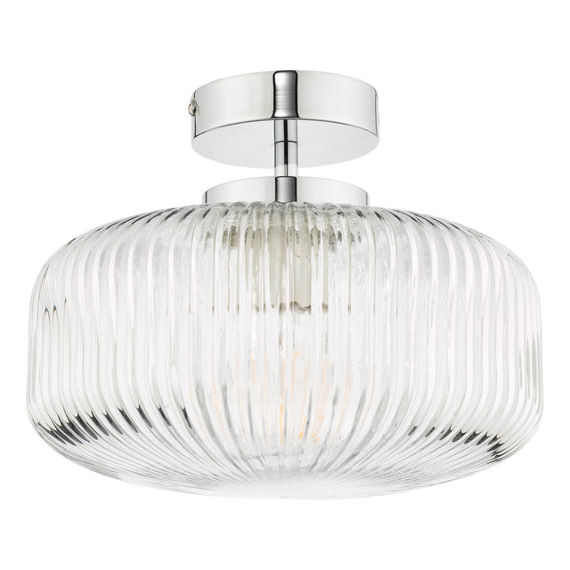 Riva Bathroom Semi Flush Ceiling Light Ribbed Glass Polished Chrome IP44