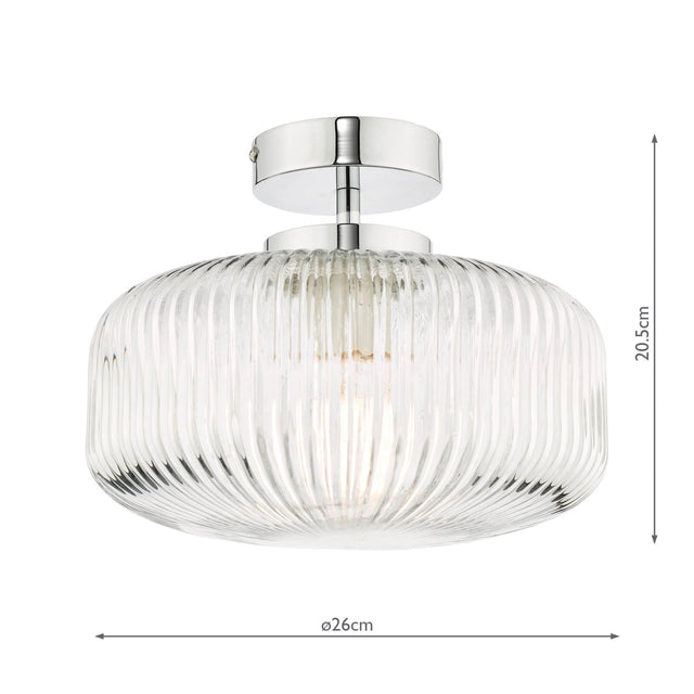 Riva Bathroom Semi Flush Ceiling Light Ribbed Glass Polished Chrome IP44