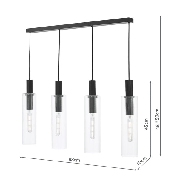 Ruben 4 Light Bar Pendant Satin Black and Ribbed Glass