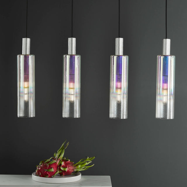 Ruben 4 Light Bar Pendant Satin Silver and Ribbed Iridised Glass