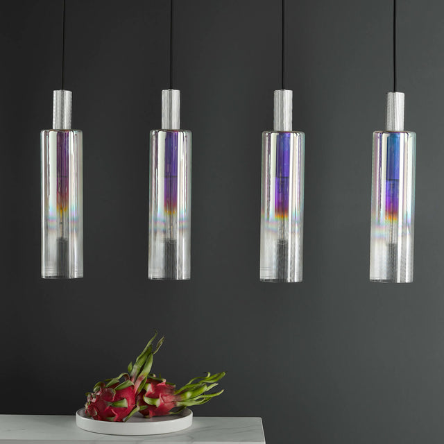 Ruben 4 Light Bar Pendant Satin Silver and Ribbed Iridised Glass