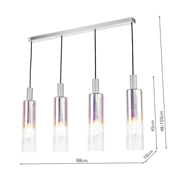 Ruben 4 Light Bar Pendant Satin Silver and Ribbed Iridised Glass