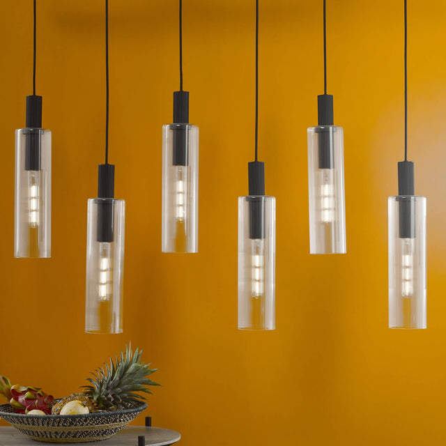 Ruben 6 Light Bar Pendant Satin Black and Ribbed Glass