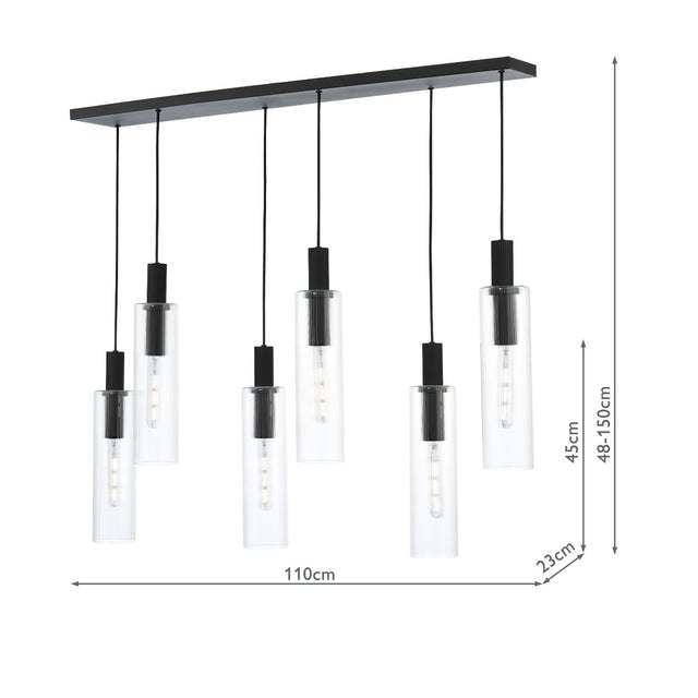 Ruben 6 Light Bar Pendant Satin Black and Ribbed Glass