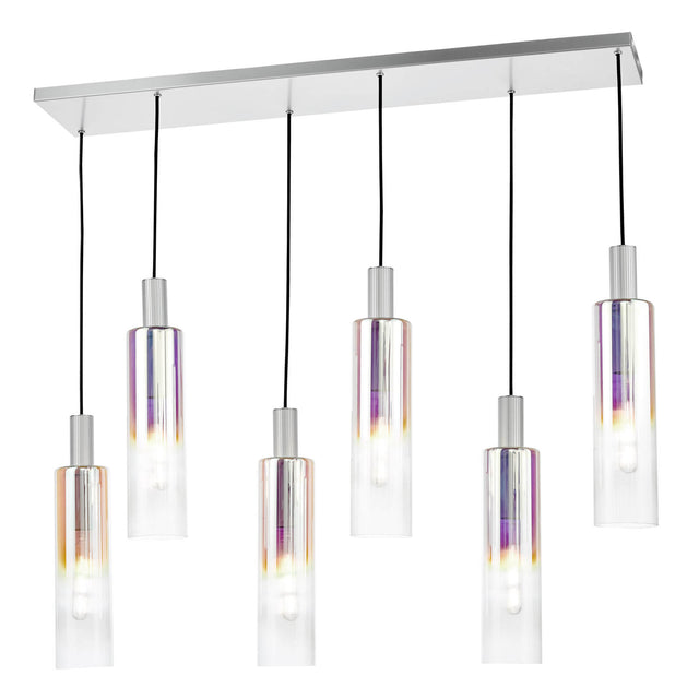 Ruben 6 Light Bar Pendant Satin Silver and Ribbed Iridised Glass