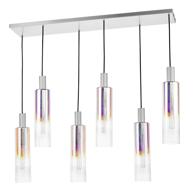 Ruben 6 Light Bar Pendant Satin Silver and Ribbed Iridised Glass