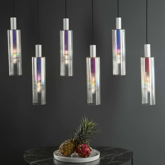 Ruben 6 Light Bar Pendant Satin Silver and Ribbed Iridised Glass