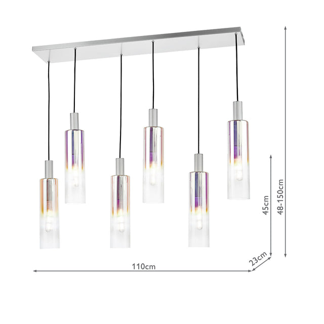 Ruben 6 Light Bar Pendant Satin Silver and Ribbed Iridised Glass