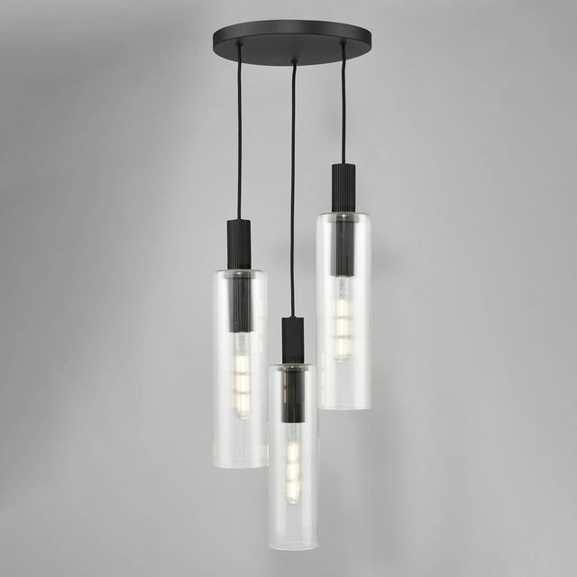 Ruben 3 Light Cluster Pendant Satin Black and Ribbed Glass