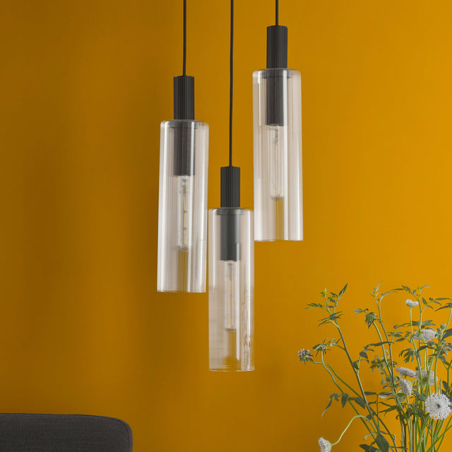 Ruben 3 Light Cluster Pendant Satin Black and Ribbed Glass