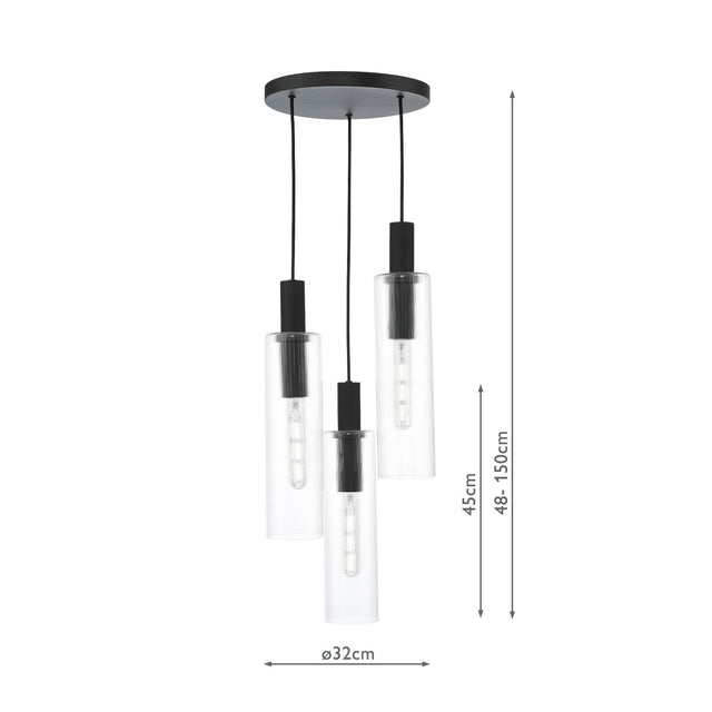 Ruben 3 Light Cluster Pendant Satin Black and Ribbed Glass