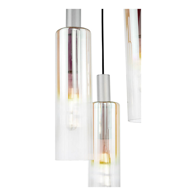 Ruben 3 Light Cluster Pendant Satin Silver and Ribbed Iridised Glass