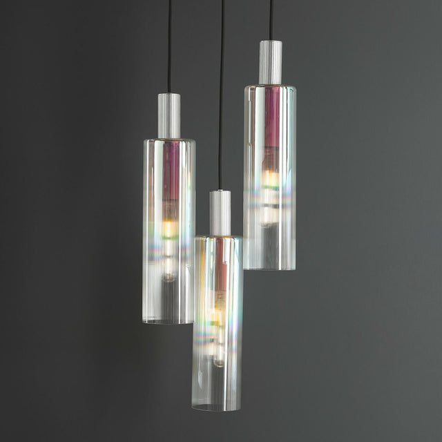 Ruben 3 Light Cluster Pendant Satin Silver and Ribbed Iridised Glass