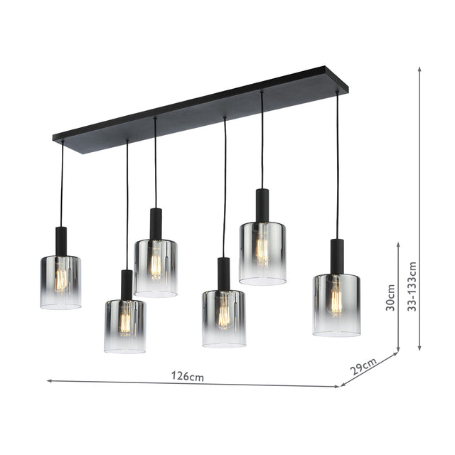 Savannah 6 Light Bar Pendant Matt Black and Smoked Glass