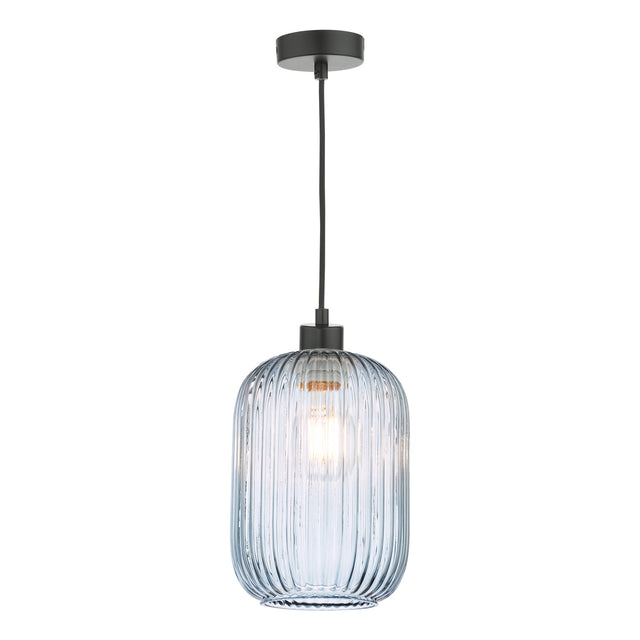 Sawyer Pendant Matt Black and Blue Ribbed Glass