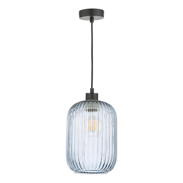 Sawyer Pendant Matt Black and Blue Ribbed Glass