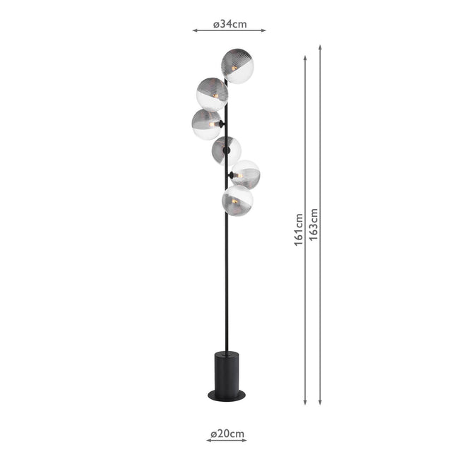 Spiral 6 Light Floor Lamp Matt Black & Smoked/Clear Ribbed Glass