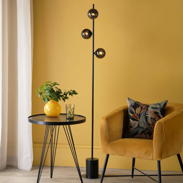 Spiral 6 Light Floor Lamp Matt Black and Black Confetti Glass