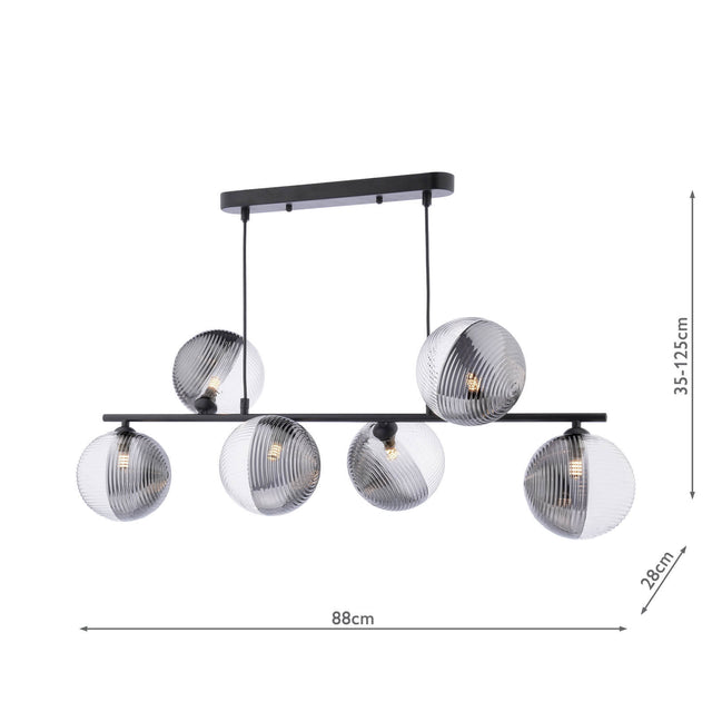 Spiral 6 Light Bar Pendant Matt Black & Smoked/Clear Ribbed Glass