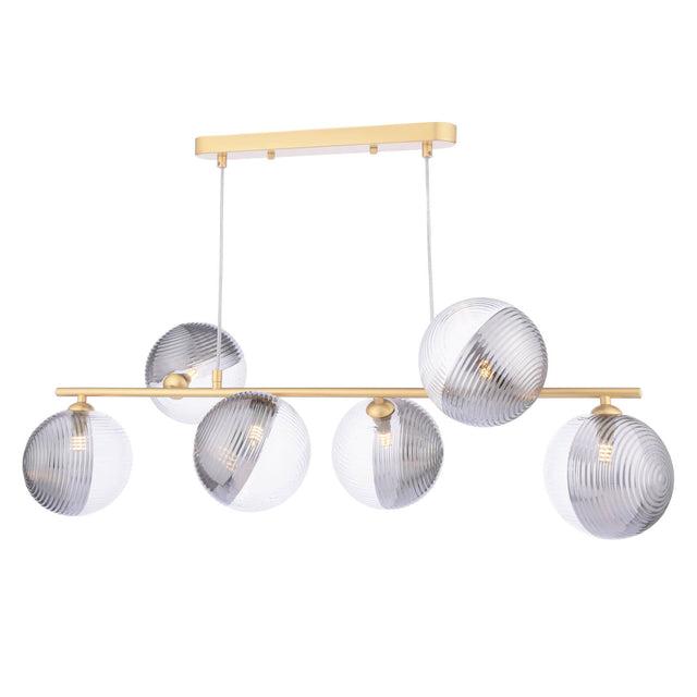 Spiral 6 Light Bar Pendant Matt Gold & Smoked/Clear Ribbed Glass