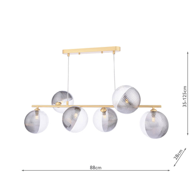 Spiral 6 Light Bar Pendant Matt Gold & Smoked/Clear Ribbed Glass